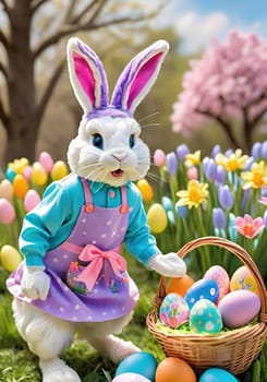 Easter bunny with basket of colorful eggs and flowers in the garden.Easter bunny with basket of easter eggs and flowers.Easter bunny with basket of eggs and spring flowers on the meadow.Vector illustration.Vector illustration of Happy Easter bunnies with basket full of eggs.