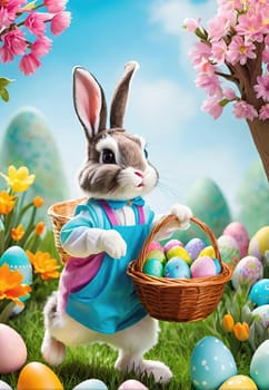 Easter bunny with basket of colorful eggs and flowers in the garden.Easter bunny with basket of easter eggs and flowers.Easter bunny with basket of eggs and spring flowers on the meadow.Vector illustration.Vector illustration of Happy Easter bunnies with basket full of eggs.