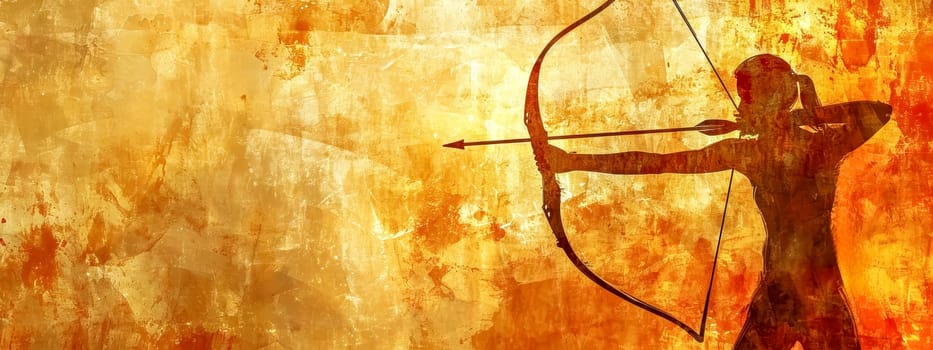 silhouette of an archer pulling back on a bowstring, poised to release an arrow, set against a textured, warm-toned backdrop that suggests a gritty, rustic atmosphere, with ample space for text