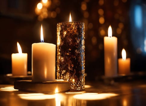 An image capturing a group of lit candles placed on top of a table.