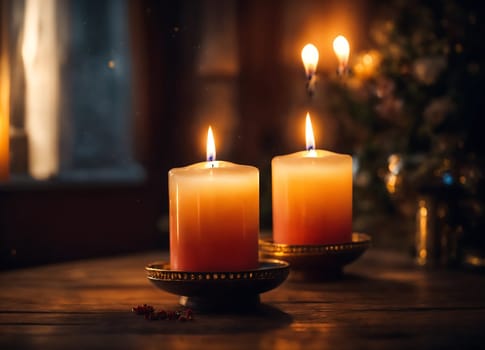 Two lit candles beautifully placed on a tabletop, creating a soothing and calming ambiance.