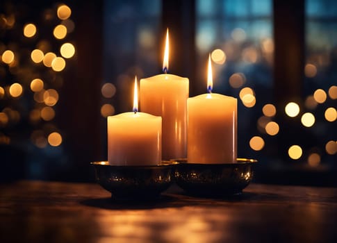 Three lit candles creating a warm and cozy atmosphere as they sit on a table in front of a window.