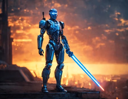 A powerful robot confidently wields a glowing light saber while standing before a roaring fire.