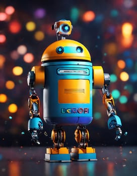 A brightly colored robot with blue and yellow body stands confidently on top of a table.