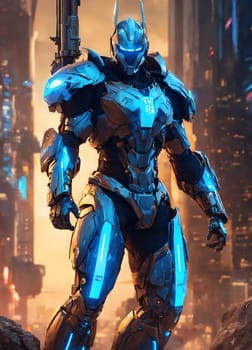 A robot stands in front of a bustling city, gazing at the towering skyscrapers and busy streets.