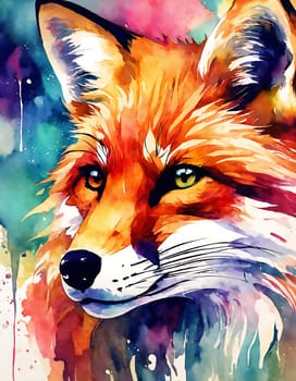 A detailed close up image of a painting featuring a fox, showcasing its intricate brushstrokes and vibrant colors.