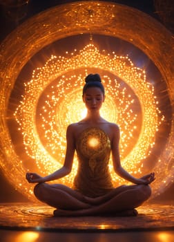 A woman peacefully sits in a lotus position, surrounded by the gentle glow of a circular light.