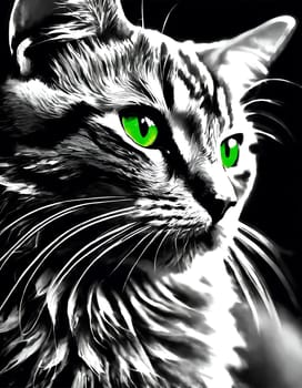 Captivating close-up photograph of a domestic cat with mesmerizing green eyes.