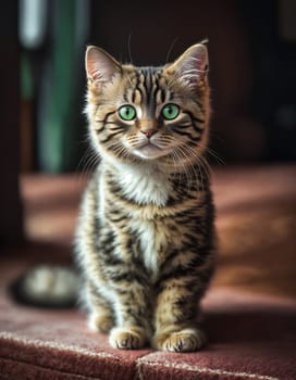 A domestic cat with captivating green eyes calmly sits on a chair, enjoying a moment of relaxation.