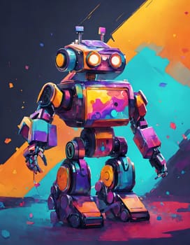 A vibrant, eye-catching painting of a robot against a backdrop of vivid colors.