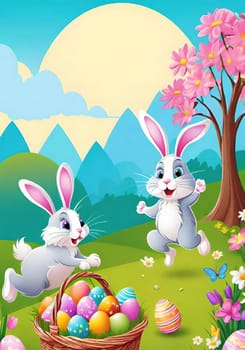 Easter bunny with basket of colorful eggs and flowers in the garden.Easter bunny with basket of easter eggs and flowers.Easter bunny with basket of eggs and spring flowers on the meadow.Vector illustration.Vector illustration of Happy Easter bunnies with basket full of eggs.