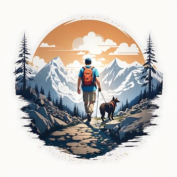 A man walks his dog on a scenic mountain trail.