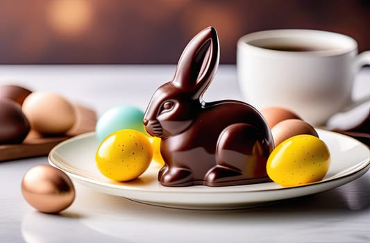 Easter concept. Chocolate Easter bunny on a white plate against a background of colorful Easter eggs. Close-up. Blurred background, soft focus.