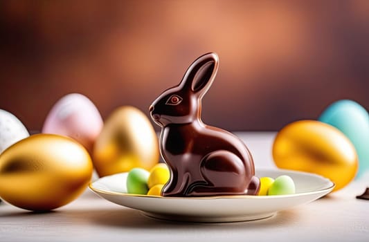 Easter concept. Chocolate Easter bunny on a white plate against a background of colorful Easter eggs. Close-up. Blurred background, soft focus.