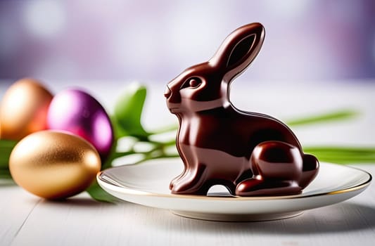 Easter concept. Chocolate Easter bunny on a white plate against a background of colorful Easter eggs. Close-up. Blurred background, soft focus.