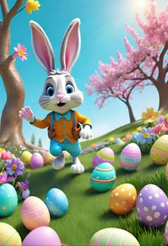 Easter bunny with basket of colorful eggs and flowers in the garden.Easter bunny with basket of easter eggs and flowers.Easter bunny with basket of eggs and spring flowers on the meadow.Vector illustration.Vector illustration of Happy Easter bunnies with basket full of eggs.