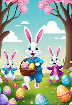Easter bunny with basket of colorful eggs and flowers in the garden.Easter bunny with basket of easter eggs and flowers.Easter bunny with basket of eggs and spring flowers on the meadow.Vector illustration.Vector illustration of Happy Easter bunnies with basket full of eggs.