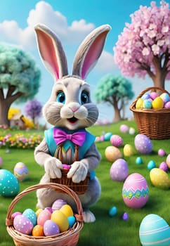 Easter bunny with basket of colorful eggs and flowers in the garden.Easter bunny with basket of easter eggs and flowers.Easter bunny with basket of eggs and spring flowers on the meadow.Vector illustration.Vector illustration of Happy Easter bunnies with basket full of eggs.