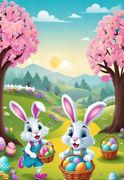 Easter bunny with basket of colorful eggs and flowers in the garden.Easter bunny with basket of easter eggs and flowers.Easter bunny with basket of eggs and spring flowers on the meadow.Vector illustration.Vector illustration of Happy Easter bunnies with basket full of eggs.