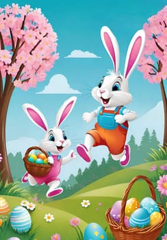 Easter bunny with basket of colorful eggs and flowers in the garden.Easter bunny with basket of easter eggs and flowers.Easter bunny with basket of eggs and spring flowers on the meadow.Vector illustration.Vector illustration of Happy Easter bunnies with basket full of eggs.