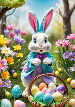 Easter bunny with basket of colorful eggs and flowers in the garden.Easter bunny with basket of easter eggs and flowers.Easter bunny with basket of eggs and spring flowers on the meadow.Vector illustration.Vector illustration of Happy Easter bunnies with basket full of eggs.
