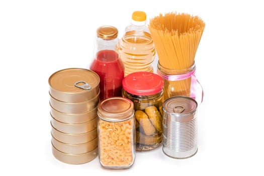Food Reserves: Canned Food, Spaghetti, Pate, Tuna, Tomato Juice, Pasta, Fish and Grocery - Isolated on White Background. Emergency Food Storage in Case of Crisis. Strategic Food Supplies - Isolation