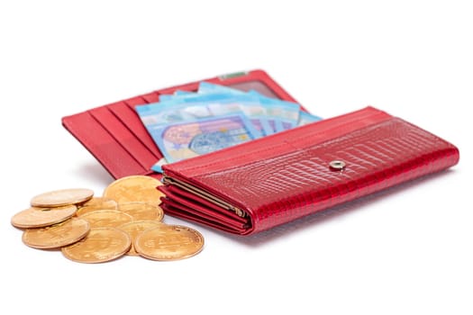 Opened Red Women Purse with 20 Euro Banknotes Inside and Bitcoin Coins - Isolated on White Background. A Wallet Full of Money Symbolizing Wealth, Success, Shopping and Social Status - Isolation
