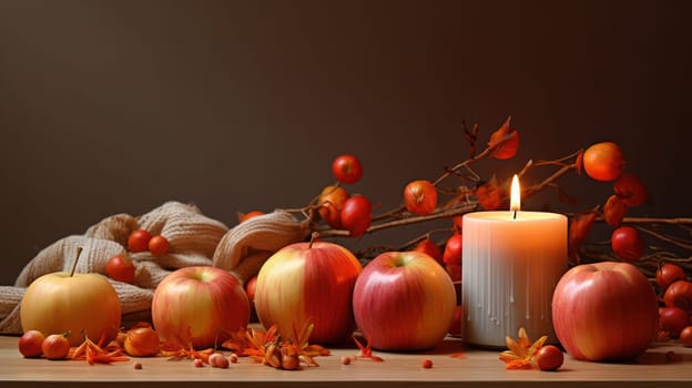 Seasonal Harvest: Rustic Pumpkin Decor on Wooden Table with Autumn Leaves and Candlelight