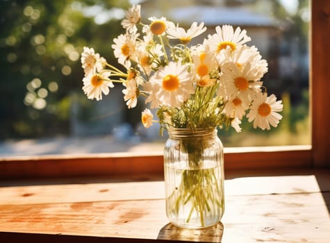 Blooming Beauty: A Colorful Bouquet of Yellow and White Flowers in a Rustic Wooden Vase, Fashioned with Vintage Charm and Placed on a Fresh Green Table.