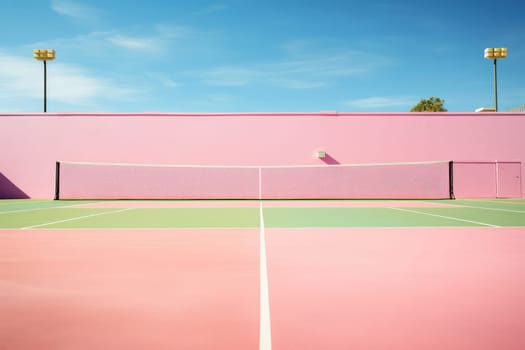 Active leisure in nature: Professional tennis match on a clay court with a vibrant red surface, set against a beautiful blue sky and green field. Empty court with players engaged in intense competition, showcasing technique and skill. Tennis equipment, white lines, and a net provide a textured backdrop for this stunning drone view.