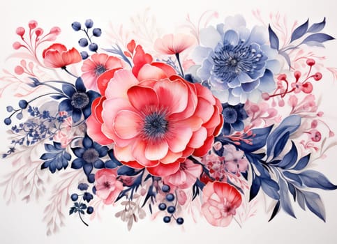 Romantic Watercolor Floral Garden Design: Vintage Summer Bouquet in a Botanical Pattern.