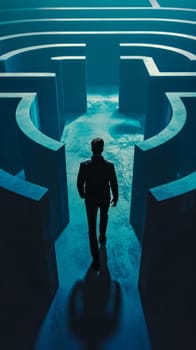 Man walking through a high-walled maze, with a futuristic blue tone, symbolizing challenge and complexity. vertical