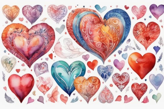 Paining different colorful hearts set. Hand drawn. Generative AI.