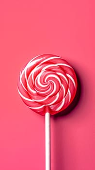 Red and white swirled lollipop on a bright pink background. vertical