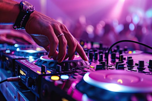 DJ is turning switches on controller close up in purple nightclub light, male hands visible against crowded background.