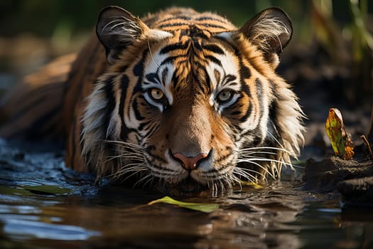 Close-up portrait of a tiger in the water, the tiger relaxes in the water.
