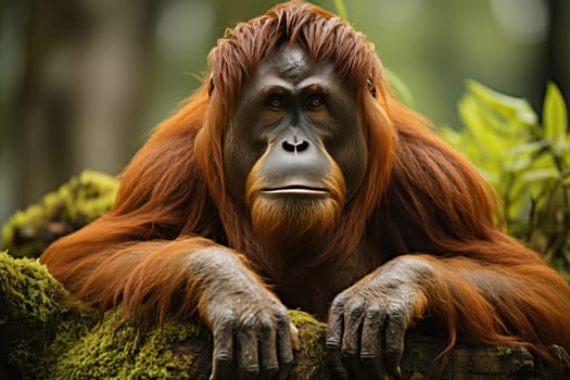 Close-up portrait of an orangutan monkey on a green grass background.