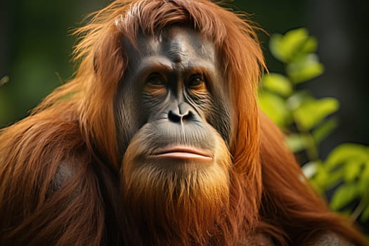 Close-up portrait of an orangutan monkey on a green grass background.