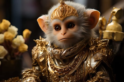 A small white monkey dressed in a golden uniform, a warrior monkey.