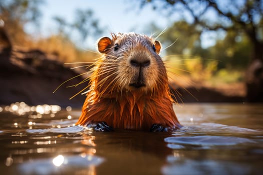 close up of swim in water, beaver bathing.