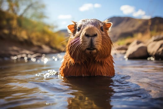 close up of capybara in water, capybara bathing.