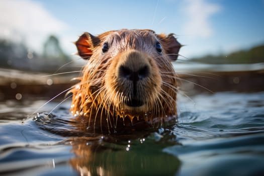 close up of capybara in water, capybara bathing.