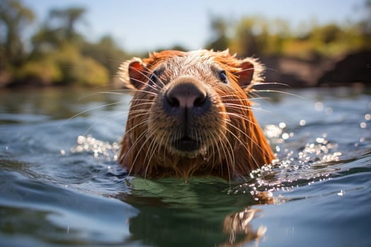 close up of capybara in water, capybara bathing.