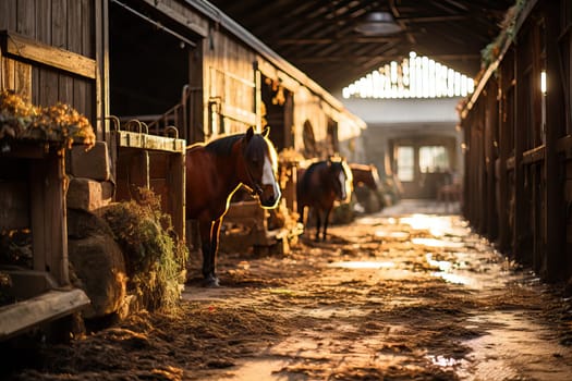 An old stable with horses, a cozy country stable with hay and various accessories.