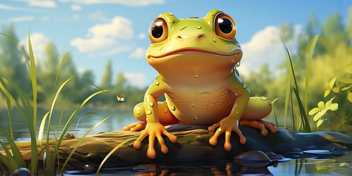 A small green frog sits near a pond, the frog is a cold-blooded species of reptile.