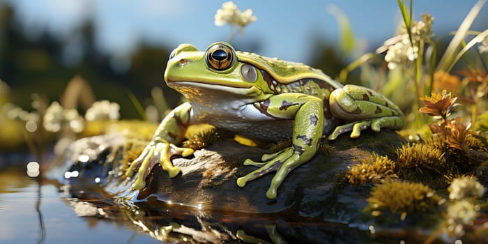 A small green frog sits near a pond, the frog is a cold-blooded species of reptile.