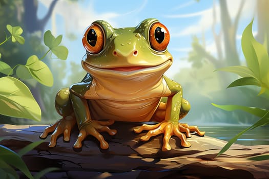 A small green frog sits near a pond, the frog is a cold-blooded species of reptile.