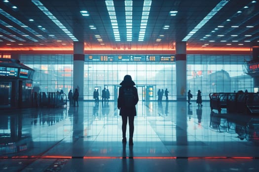 Traveler at airport terminal. Travel concept. Generative AI.