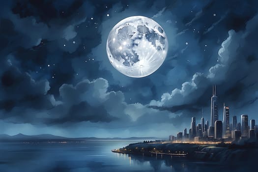 An exquisite painting capturing the beauty of a city at night, illuminated by a mesmerizing full moon.