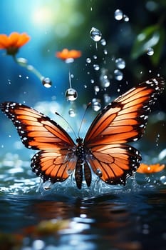 A serene butterfly gracefully hovers just above the waters surface, reflecting its vibrant colors.